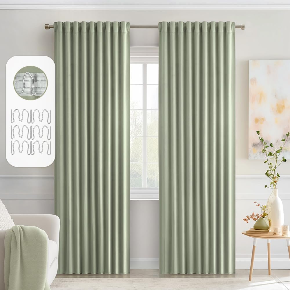 MIULEE Back Tab Sage Green Curtains 84 Inch Length 2 Panels Set for Living Room Bedroom, Rod Pocket/Pinch Pleated Light Blocking Thermal Insulated Room Darkening Blackout Curtains 84 Inches Long