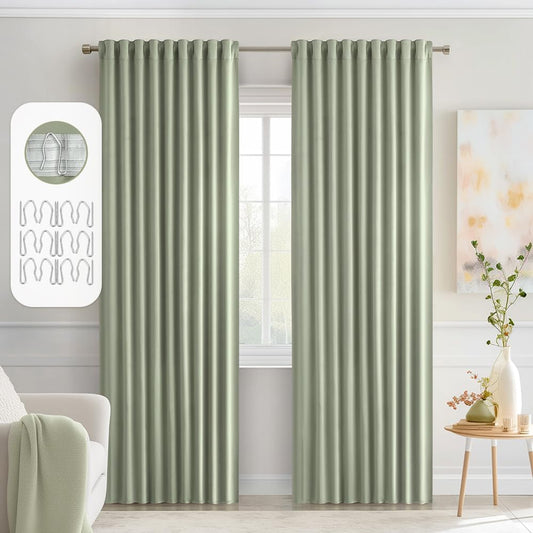 MIULEE Back Tab Sage Green Curtains 90 Inch Long 2 Panels Set for Living Room Bedroom Privacy, Rod Pocket/Pinch Pleated Light Blocking Thermal Insulated Room Darkening Blackout Curtains, 52 x 90 Inch