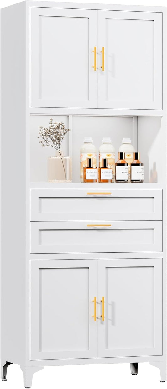 75” Tall Kitchen Pantry Storage Cabinet, Metal Bathroom Storage Cabinet with 2 Drawers and Adjustable Shelves, Kitchen Pantry Cupboard, Freestanding Cupboard for Bathroom, Living Room (White)