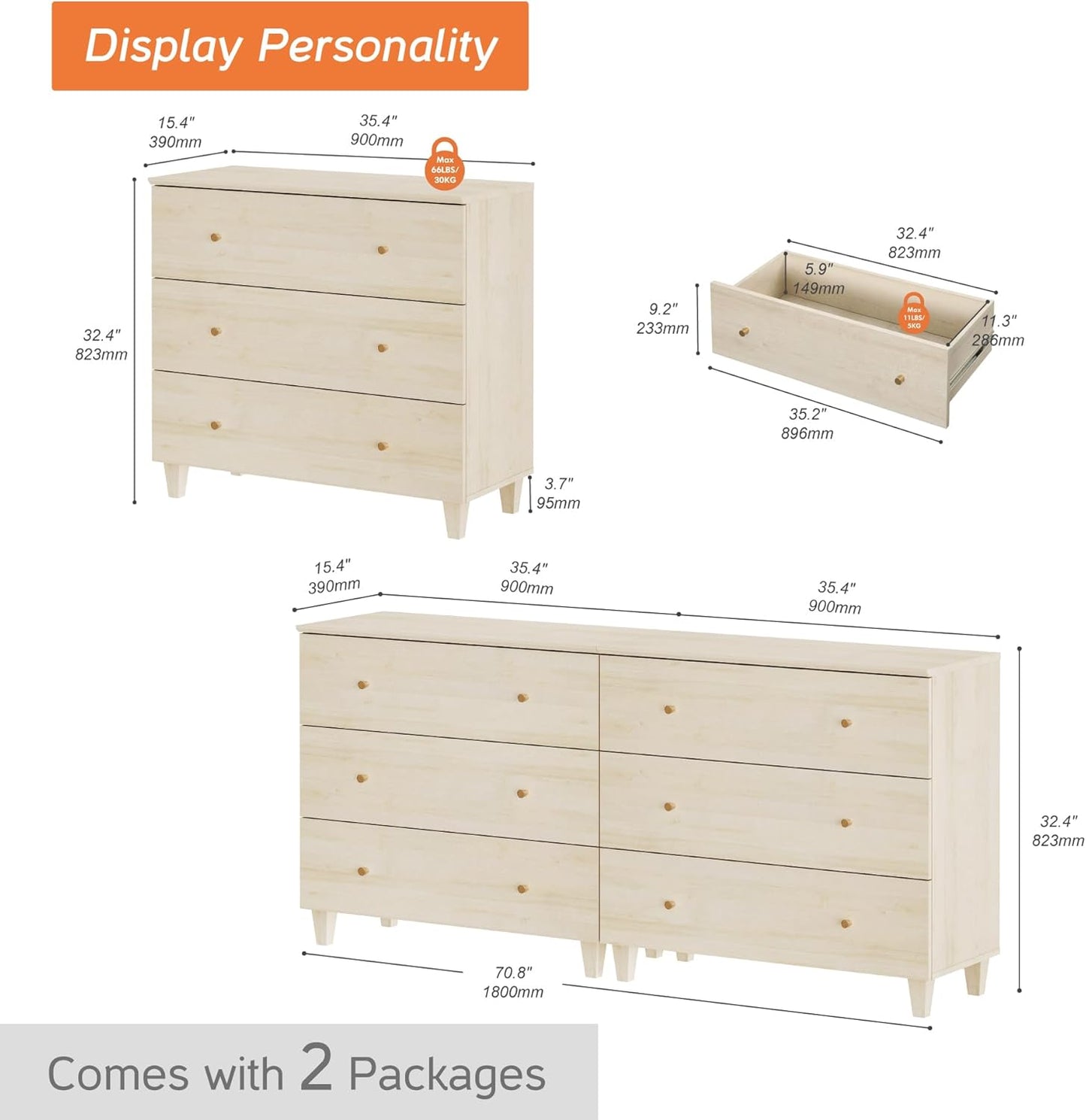 WAMPAT Dresser with 6 Drawers, Bedroom 70.8" Wide Wood Chest of Drawers, Modern Closet Storage Organizer Dressers w/Solid Wood Legs for Living Room, Children's Room, Nursery, Light Oak