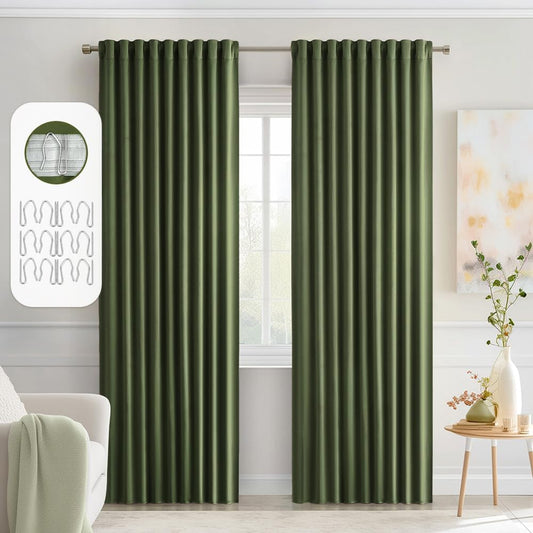 MIULEE Olive Green Back Tab Blackout Curtains 90 Inches Long 2 Panels Set for Living Room Bedroom Privacy, Rod Pocket/Pinch Pleat Thermal Insulated Room Darkening Pleated Light Blocking Drapes