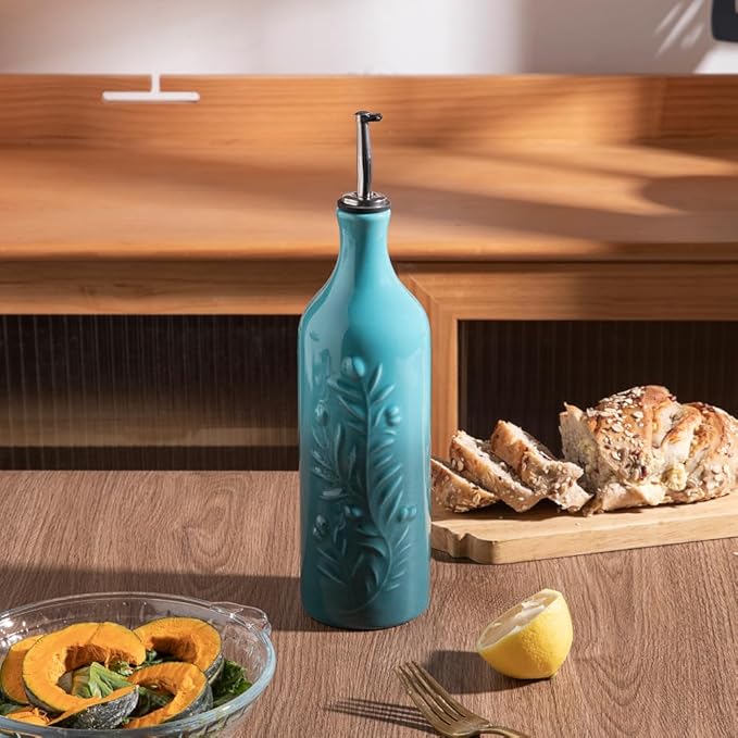 Sweejar Large Olive Oil Dispenser Bottle with Spout, 24 Oz Ceramic Oil Dispenser for Kitchen, Relief Opaque Oil Cruet, Oil Container for Cooking, EVOO, Avocado Oil, Vinegar, Pack of 1 (Gradient Blue)