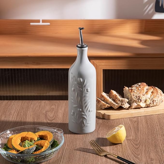Sweejar Large Olive Oil Dispenser Bottle with Spout, 24 Oz Ceramic Oil Dispenser for Kitchen, Relief Opaque Oil Cruet, Oil Container for Cooking, EVOO, Avocado Oil, Vinegar, Pack of 1(Gray)