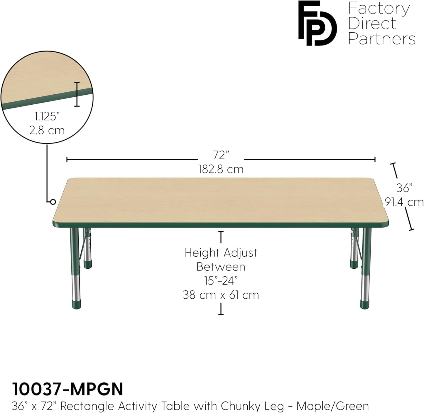 FDP Rectangle Activity School and Classroom Kids Table (36 x 72 inch), Toddler Legs, Adjustable Height 15-24 inches - Maple Top and Green Edge