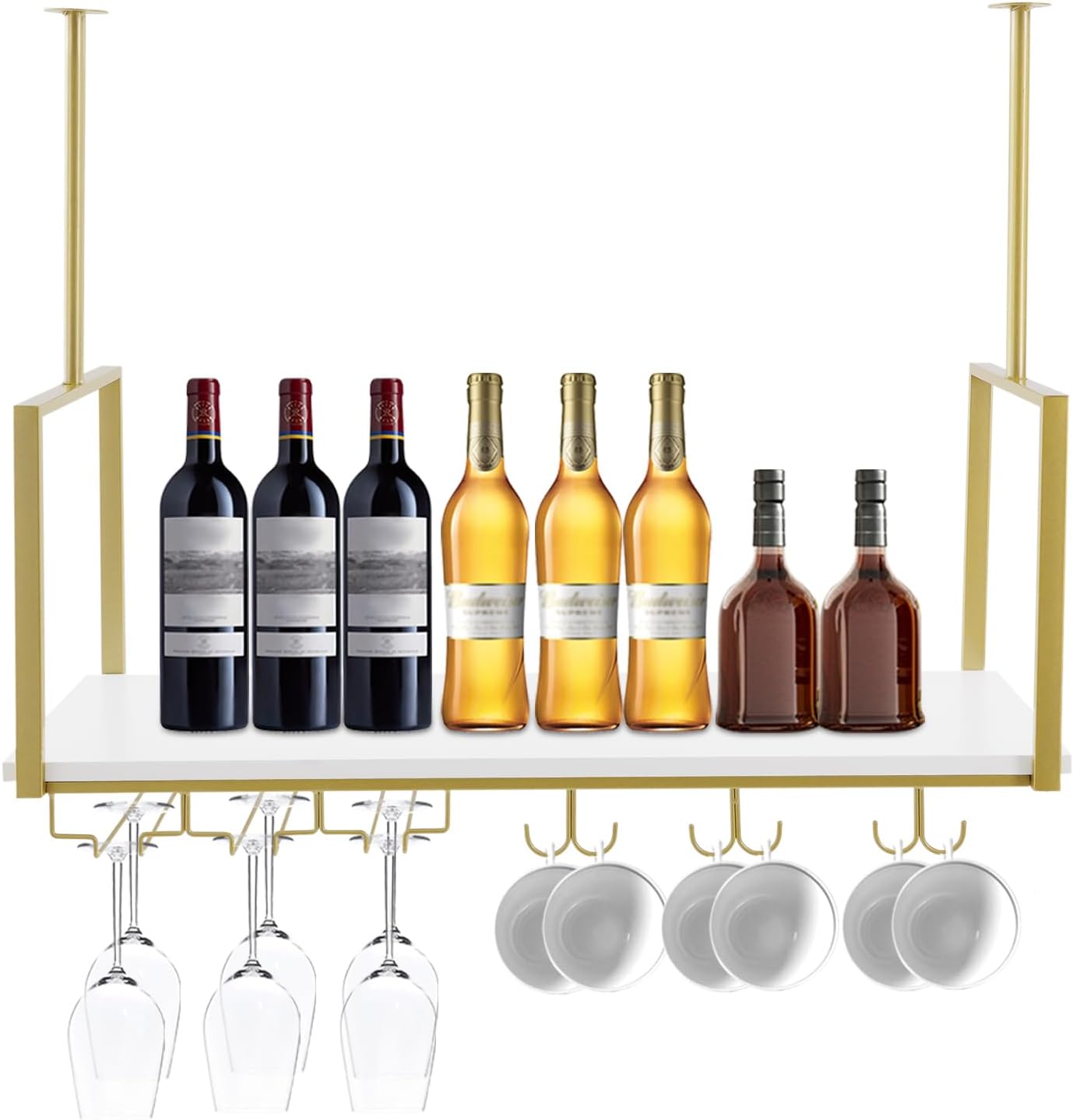 Hanging Wine Rack with Glass Holder Shelf Metal Ceiling Bar Wine Glass Rack Industrial Wall Mounted Floating Shelve Perfect for Bar Cafe Kitchen Restaurant