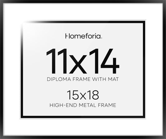 Homeforia 15x18 Diploma Frame Black, High End Metal 15 x 18 Black Certificate Frame with Mat 11 x 14, 18x15 Document Frame Matted to 11x14, Graduation Degree Frames, Tempered Glass, Wall Kit, Set of 1