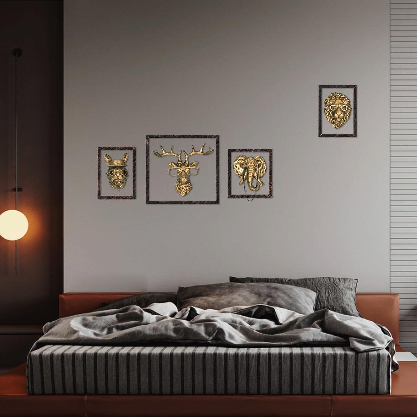 HUYIENO 4PK Animal Head Wall Decor with Metal Frame Flower Vase Gold Handcrafted Hanging Home Decor Sculptures for Living Room Bedroom