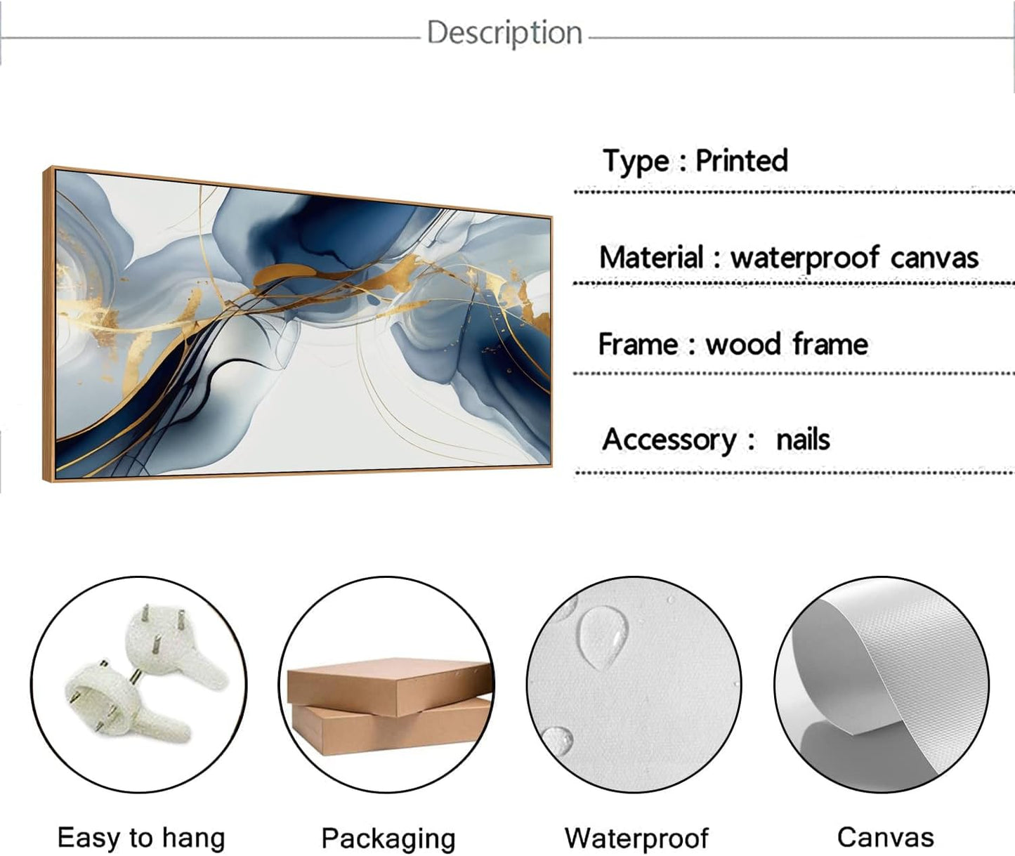 HUADAOART Abstract Painting Modern Art Wall Mural Gold And Blue Background Wall Decor for Living Room Bedroom Print on Artwork Home Decor Framed 30x60inch