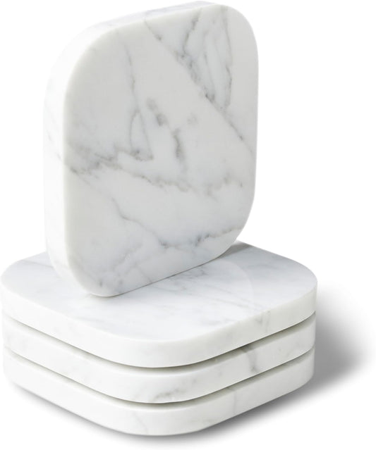 𝐋𝐮𝐱𝐮𝐫𝐲 𝐈𝐭𝐚𝐥𝐢𝐚𝐧 100% Marble Tile Coasters – Set of 4 – Square Modern Bar Coasters for Drinks, Coffee –Stone Holder for Home Décor, Housewarming Gifts (Carrara White)