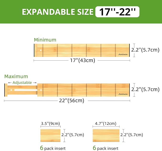 ANTOWIN 4 Pack Expandable Drawer Dividers, 2.2'' High, Extend from 17'' to 22'', Dresser Drawer Organizers, Bamboo Separators for Kitchen, Bedroom, Office, Bathroom, with 12 Pack Divider Inserts