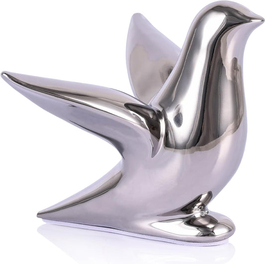 Silver Decor Accents – Modern Silver Ceramic Bird Figurine, 5.1in Decorative Bird Statue for Shelf, Table or Bathroom, Small Animal Sculpture Gift for Bird Lovers, Bird Room Decor