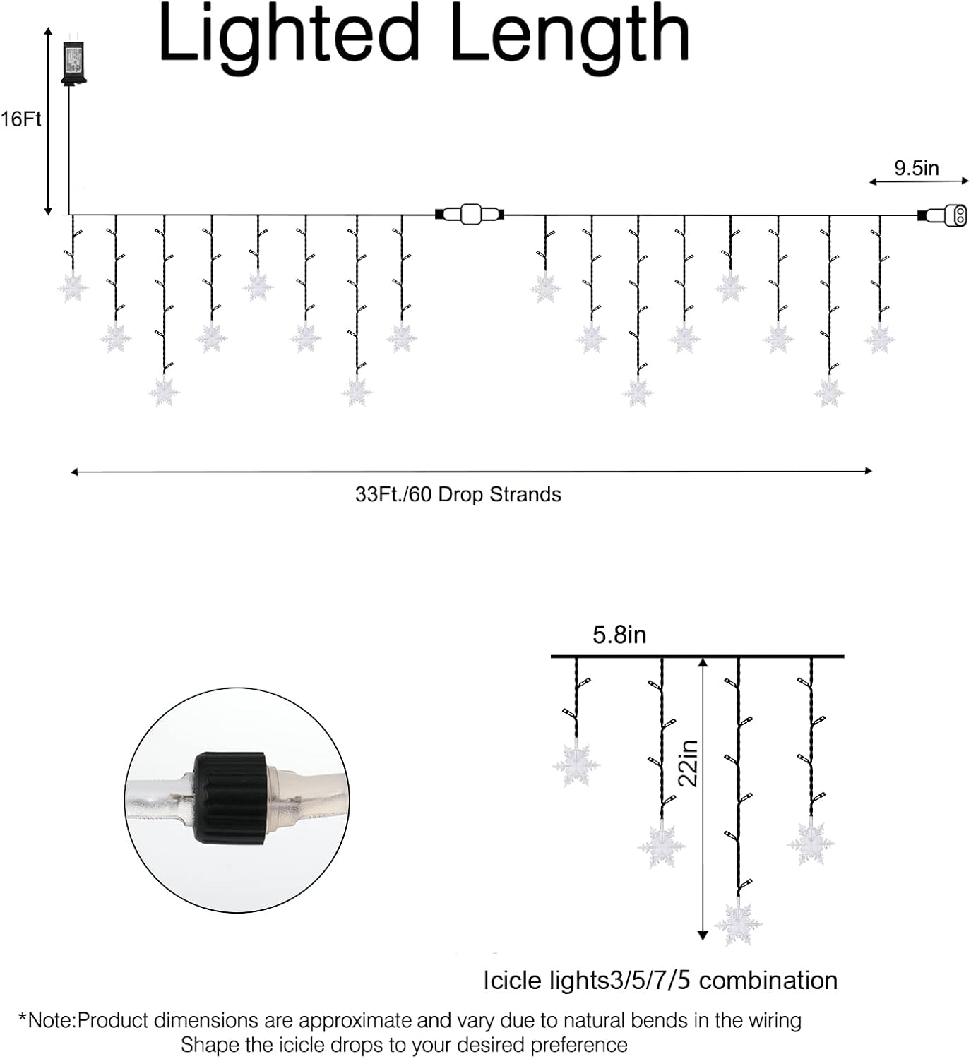 Brightown Christmas Icicle Lights Outdoor, 33 Feet 60 Drops with 300 LED, Twinkle Fairy String Lights 8 Modes Waterproof Connectable for Christmas Decorations (Pure White)