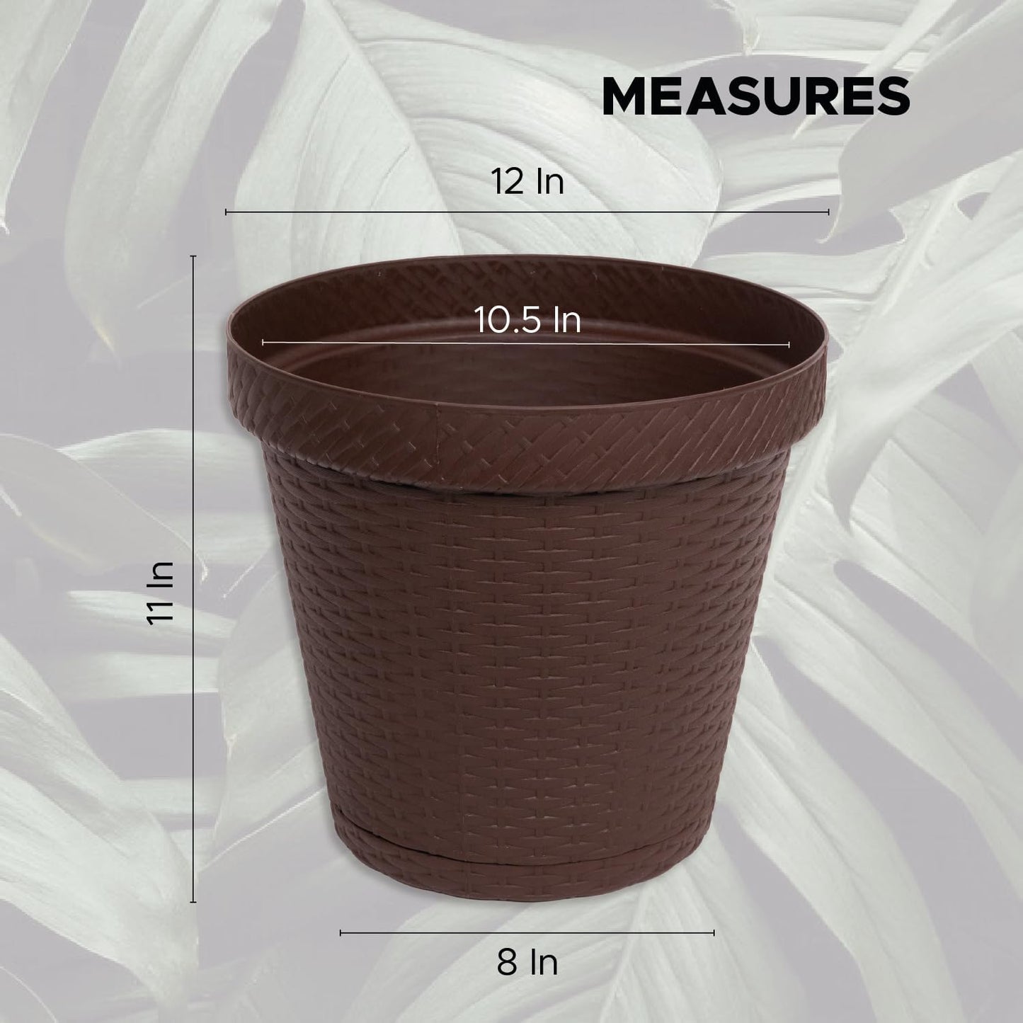 Elly Décor Set of 2 12 inch Round Saucer Modern Self Watering Planter Plates, Pots with Rattan-Like Finish, 12x12 Chocolate Brown