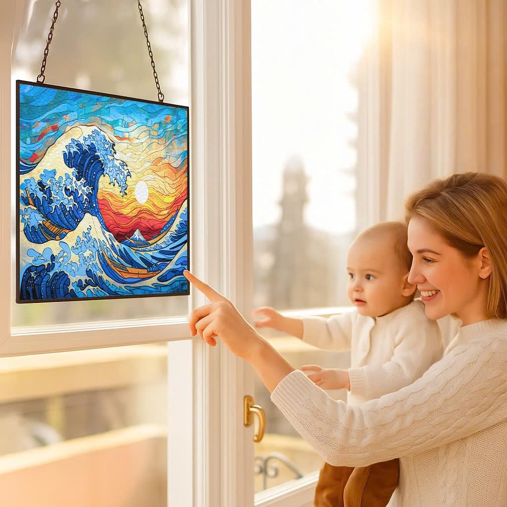 Rectangle Ocean Wave Suncatcher Stained Glass Window Hanging Handmade Stained Glass Suncatchers Metal Chain Outdoor Garden Decor Gift for Women Christmas Thanksgiving