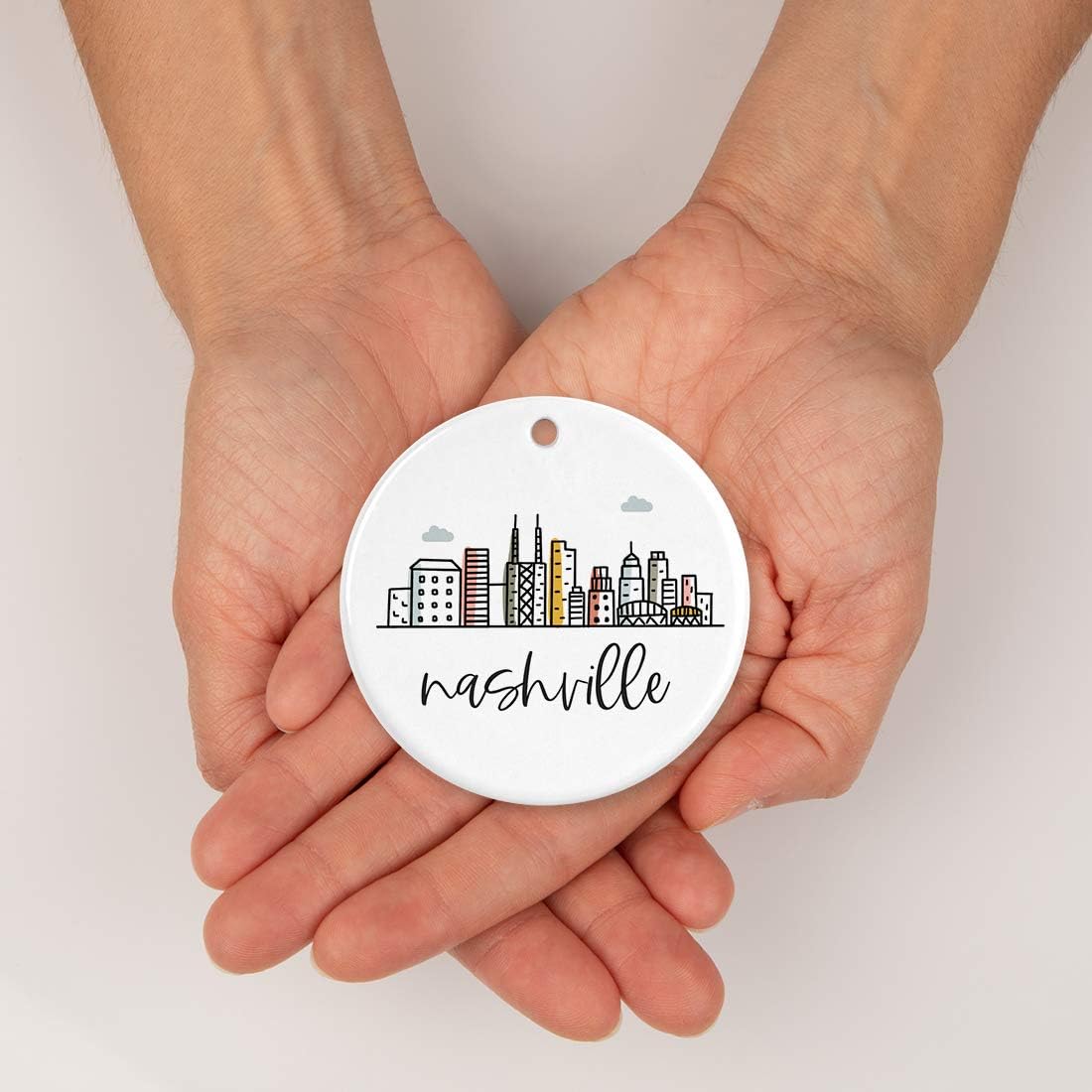Andaz Press Round Ceramic Porcelain Christmas Tree Ornament Keepsake, Nashville Colorful City Skyline 1-Pack Birthday Ideas Family Coworker Includes Box Ornament