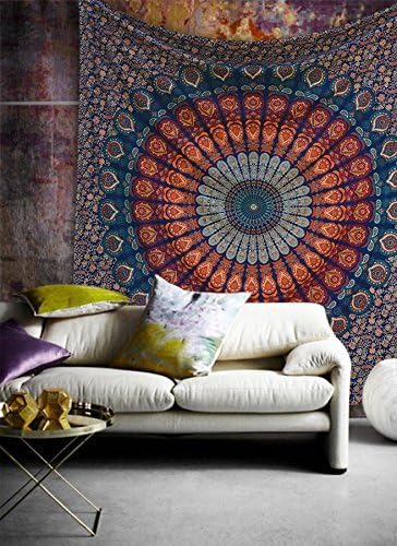 Bless International Handmade Indian hippie Bohemian Psychedelic Peacock Mandala Wall hanging College Dorm Beach Throws Table Cloth Bedding Tapestry (Golden Blue, King(88x104Inches)(225x265Cms))