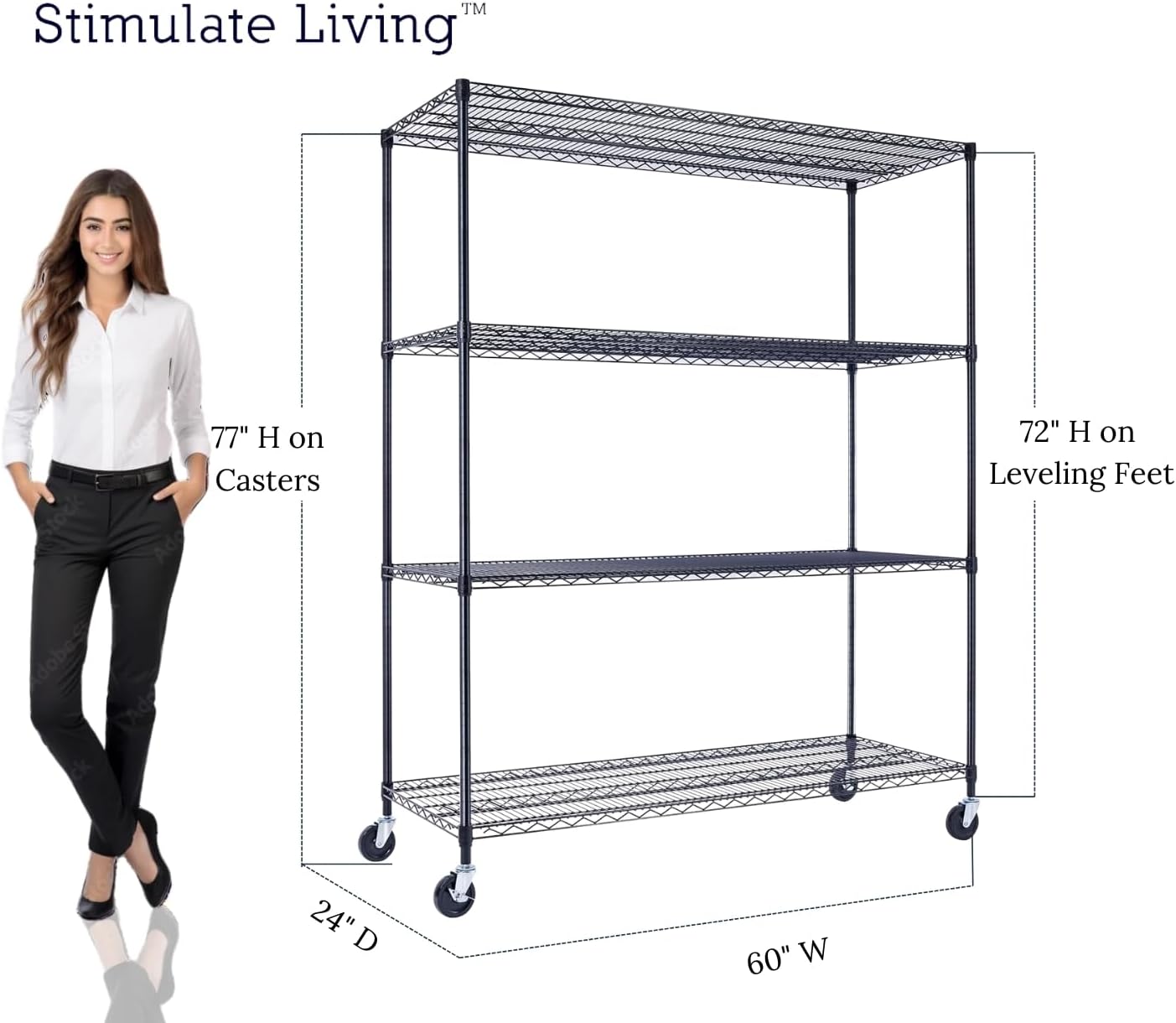 60"x24"x72" PRIME HEAVY DUTY Black 4-Tier Wire Shelving NSF 2400 LBS MAX Capacity Storage Rack for Commercial, School, Home, Garage, Warehouse, Industrial, and Hospital Uses (with Wheels)
