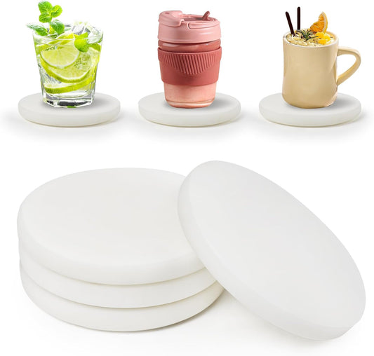 Pure White Marble Coasters Without Particles, Set of 4 - Natural Marble Stone Drink Coaster with Protective Silicone Feet, 4 inch Diameter, 0.4 inch Thick - Heat-Resistant Coasters for Coffee Table