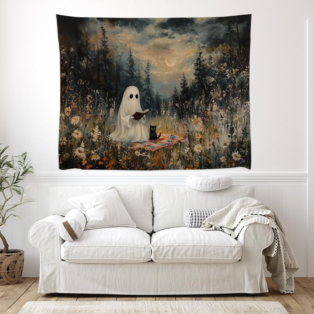 Halloween Ghost and Black Cat Tapestry Wall Hanging Spooky Ghos Reading Book in Wildflowers Wall Decor Halloween Witchy Room Aesthetic Tapestries for Goth Living Room Bedroom Decoration 50x60inch