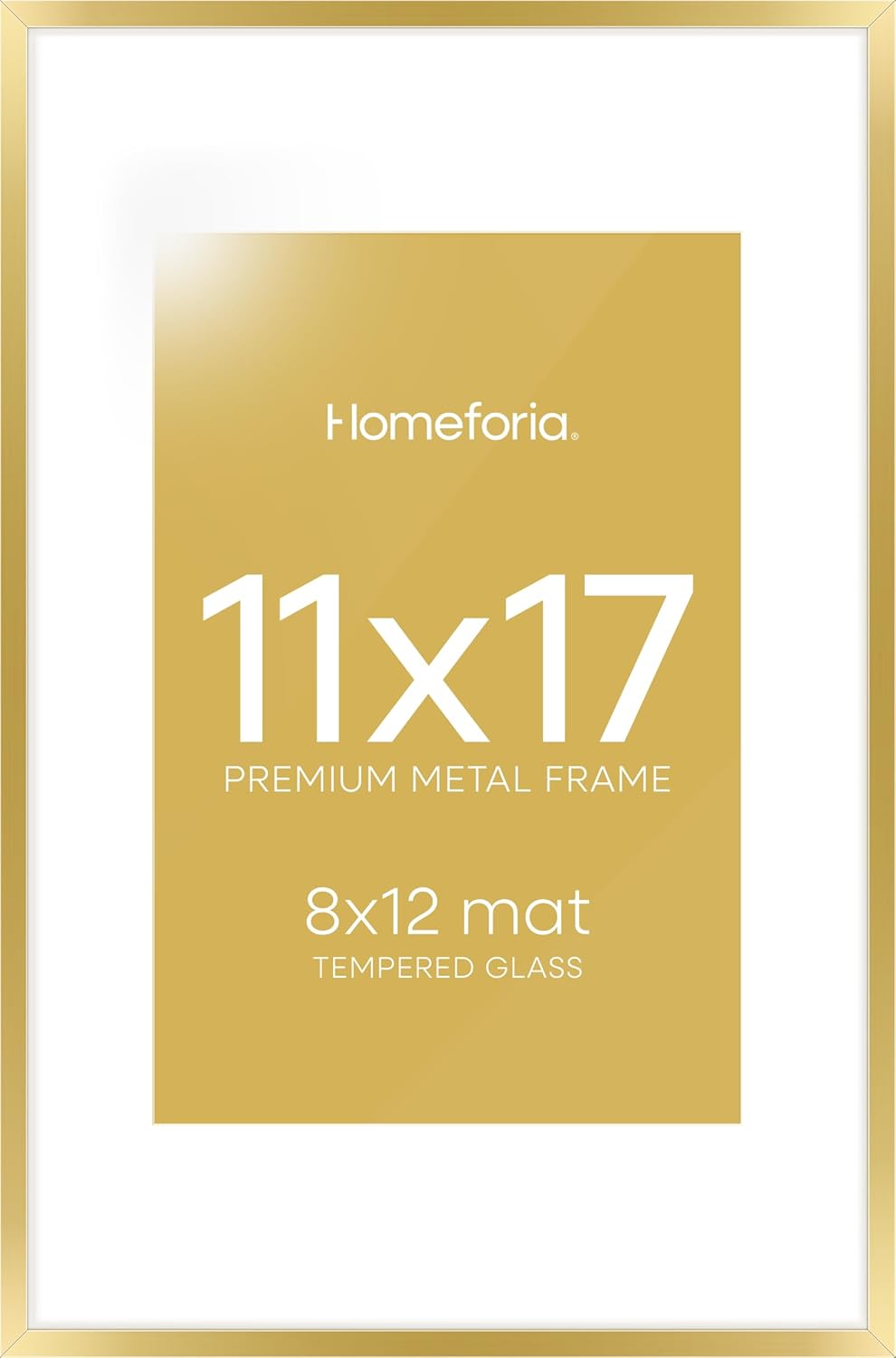 Homeforia 11x17 Picture Frame Gold, High End Metal 11x17 Poster Frames with Mat 8x12 for Photo, 11 x 17 Gold Frame Matted to 8 by 12 Print, 17x11 Thin Hanging Frame, Tempered Glass, Wall Kit, Set of 1