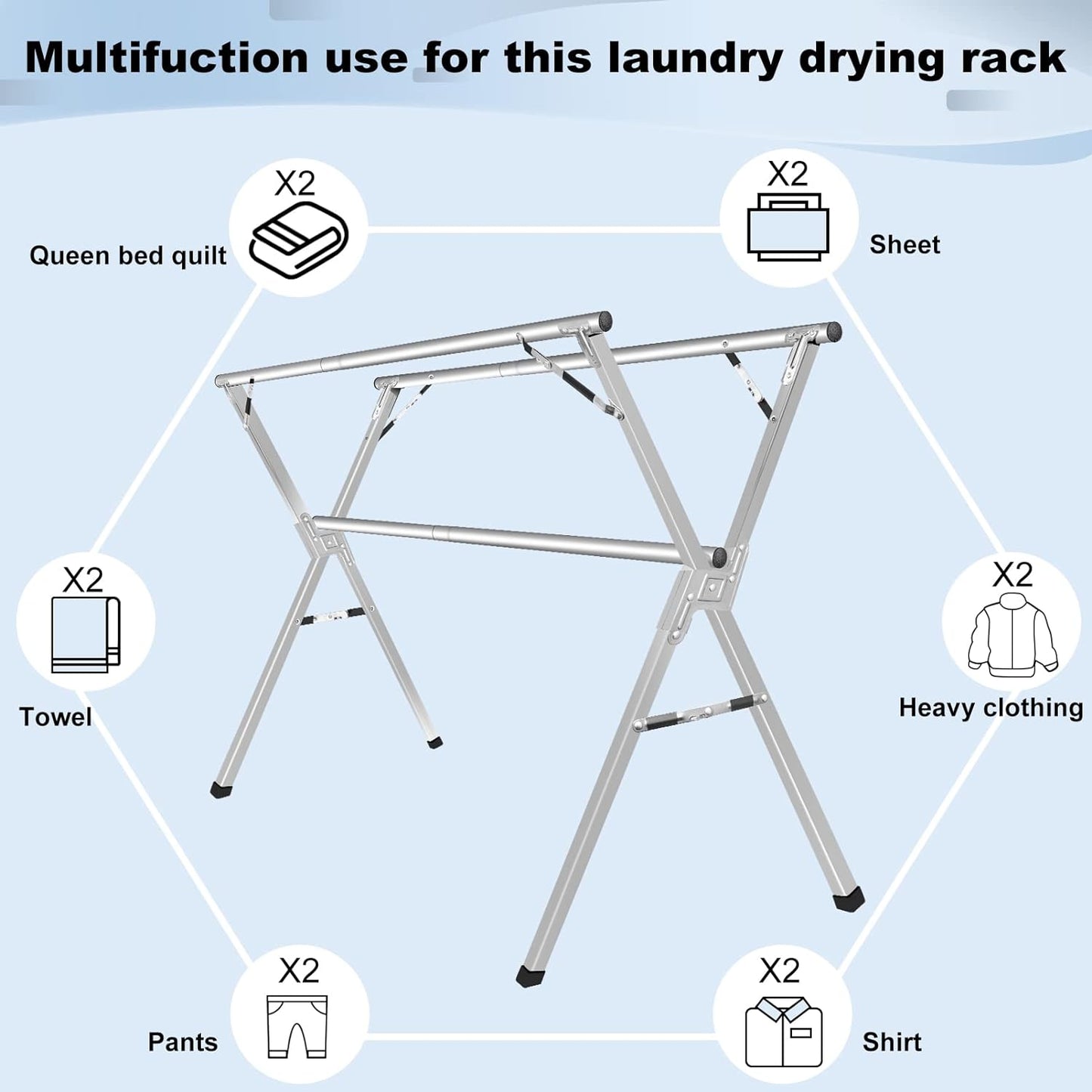 Sarahipe Sillars Clothes Drying Rack, 94.5 inches Laundry Drying Rack Clothing Foldable & Collapsible Stainless Steel Heavy Duty Clothing Drying Rack with Windproof Hooks for Indoor Outdoor
