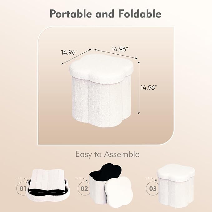 B FSOBEIIALEO Storage Ottoman Cube, Flowers Shaped Ottomans with Storage Foot Stool Footrest, Boucle Ottoman Seat for Dorm Room, Faux Teddy Fur, Cream White 15"x15"x15"