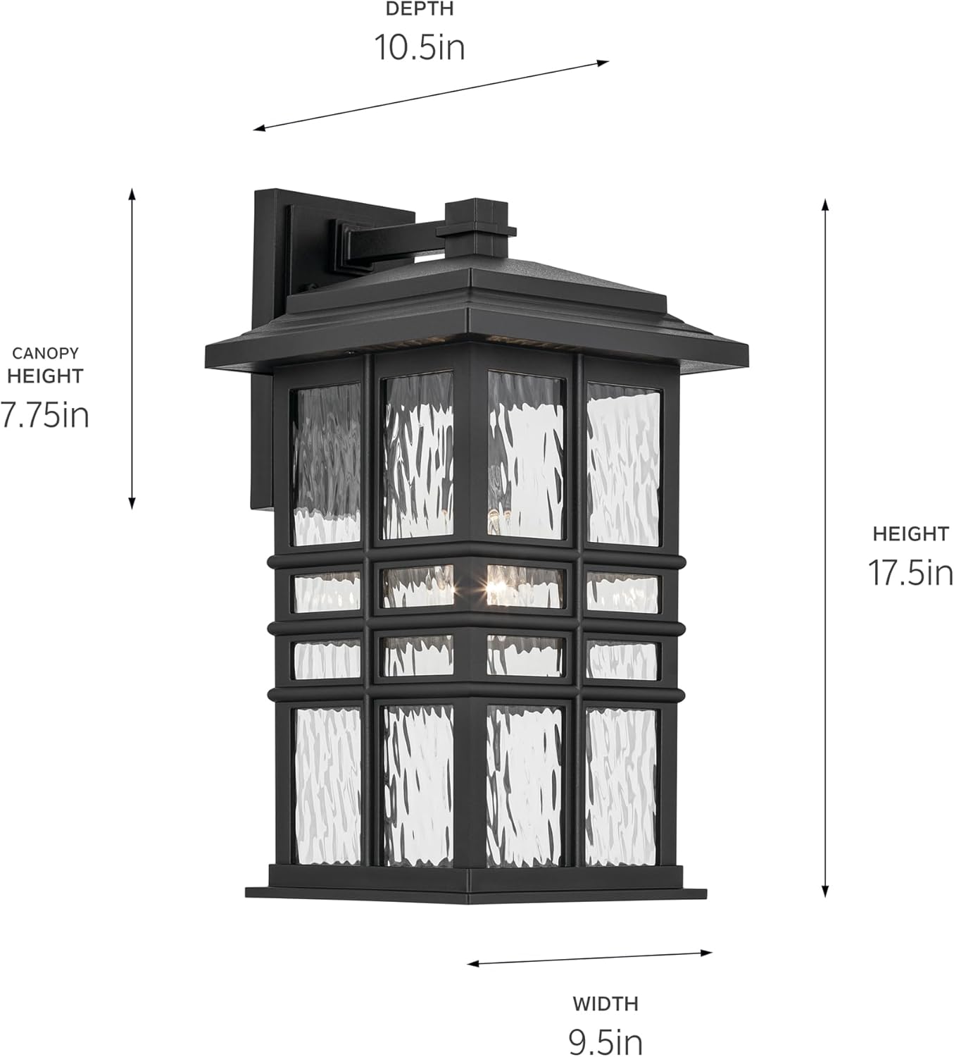 KICHLER Beacon Square 17.25" 1-Light Outdoor Wall Light with Clear Hammered Glass in Textured Black, for Exterior Doors, Garage, Porch, or Patio (17.25" x 9.5"), 49831BKT
