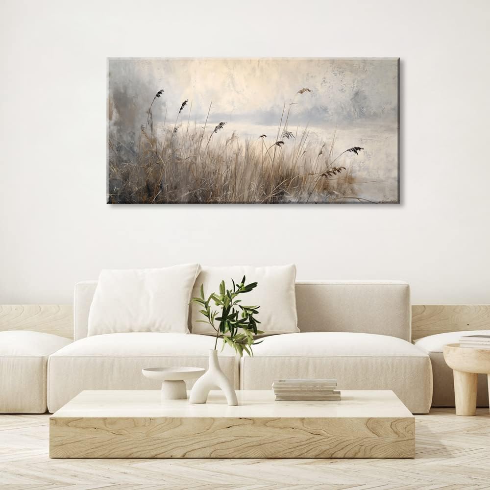 LASMOND Vintage Meadow Wall Art for Living Room Reed Grass Canvas Painting Prints Large Retro Rustic Cottagecore Countryside Landscape Farmhouse Bedroom Artwork Home Decor (30x16 Inches)