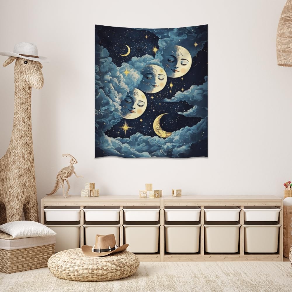 Blue Moon Faces Tapestry Celestial Wall Art Dark Academia Aesthetic Print Stars Clouds Tapestries Wall Hanging whimsical Gothic Home Decor for Bedroom Living Room 70x90inch