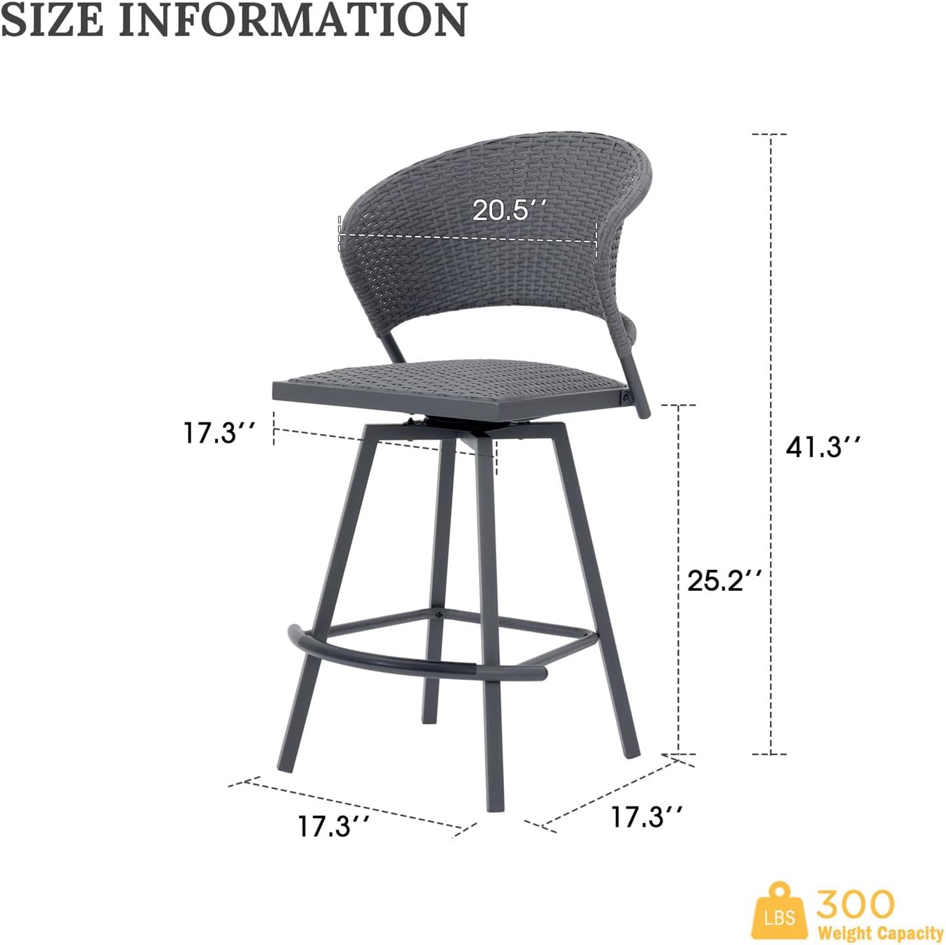 VICLLAX Patio Bar Stool Chairs with Footrests and Padded Seat, Bar Height Swivel Patio Chairs Set of 2, Grey Woven Wicker Swivel Bar Stools for Lawn Garden