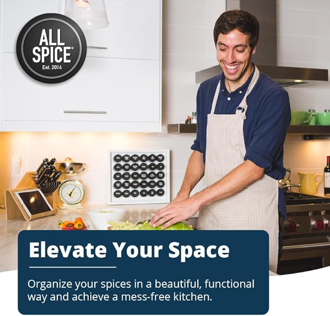 AllSpice Spice Rack Organizer, Wood, 525 Unique Labels, Countertop or Wall Mount, Includes 30 4oz Jars- Matte White