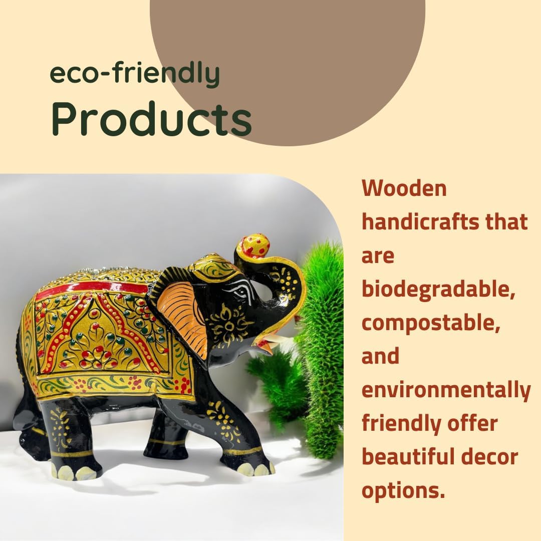 Handcrafted Wooden Elephant Figurine – Traditional Artwork, Gold & Gemstone Embellishments – Lucky Decorative Elephant Statue for Prosperity | Beautiful Elefantes Decorativos para Sala (Black & Gold)