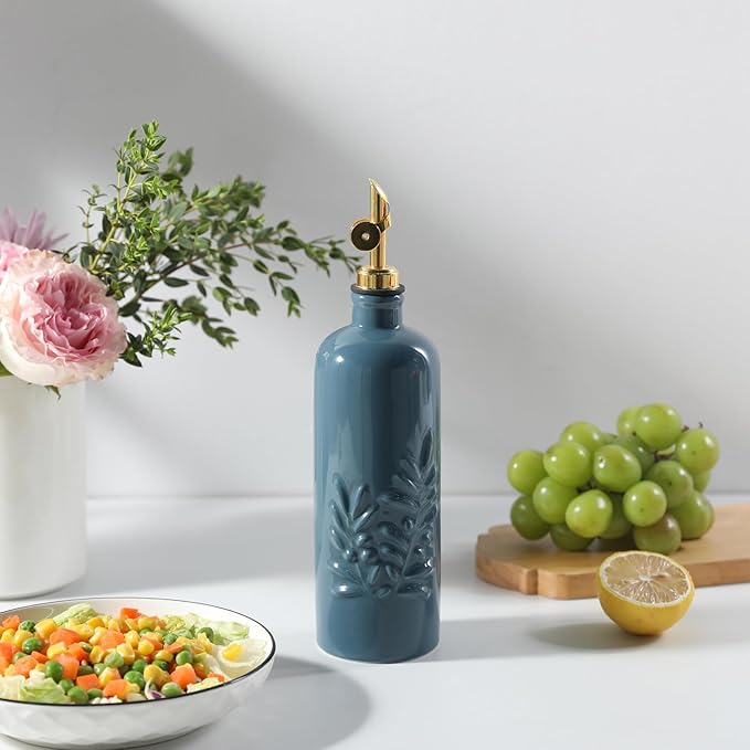 Sweejar 18 Oz Oil Dispenser for Kitchen with Gravity Spout, Ceramic Olive Oil Dispenser Bottle, Relief Opaque Vinegar Container for Evoo, Vinegar, Soy Sauce, Pack of 1(Fogbule, Gold Spout)