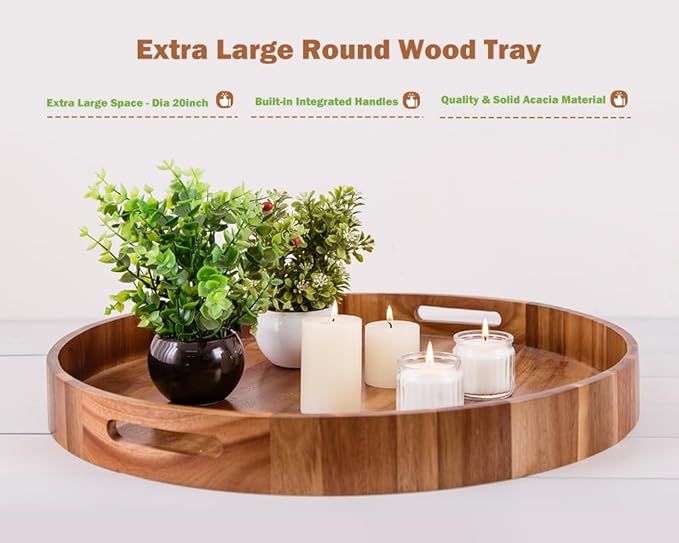 Extra Large Round Serving Tray, 20INCH, Heavy Duty Acacia Wood Trays for Big Ottoman Coffee Table Counter Giant Decorative Organizer Tray, Huge Kitchen Serveware Cheese Board Charcuterie Tray