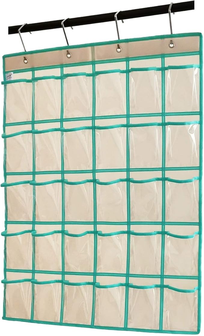 Classroom Pocket Chart for Phone Calculator Holder Over The Door Hanging Closet Jewelry Organizer with 30 Clear Pockets (BEIGE)