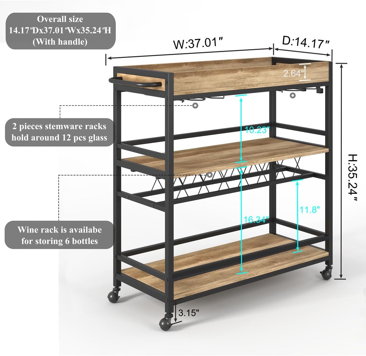 BON AUGURE Bar Cart for The Home, Bar Serving Carts on Wheels, 3 Tier Storage Drink Trolley, Rolling Wood and Metal Liquor Beverage Cart (Vintage Oak)
