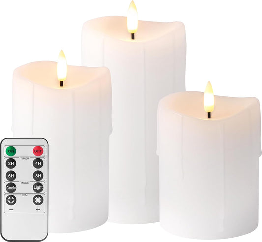 White Flameless Candles with Remote and Timer, Real Wax Made Wax Drip LED Pillar Candles Battery Operated with 3D Flickering Flame Melted Top - 3" x 4", 3" x 5", 3" x 6" - Set of 3