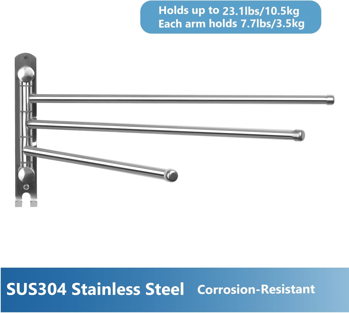 Bathroom Towel Rack JSVER 3 Arms Extended Towel Holder, Swivel Towel Bar, SUS304 Stainless Steel Space Saving Towel Racks for Bathroom, Kitchen
