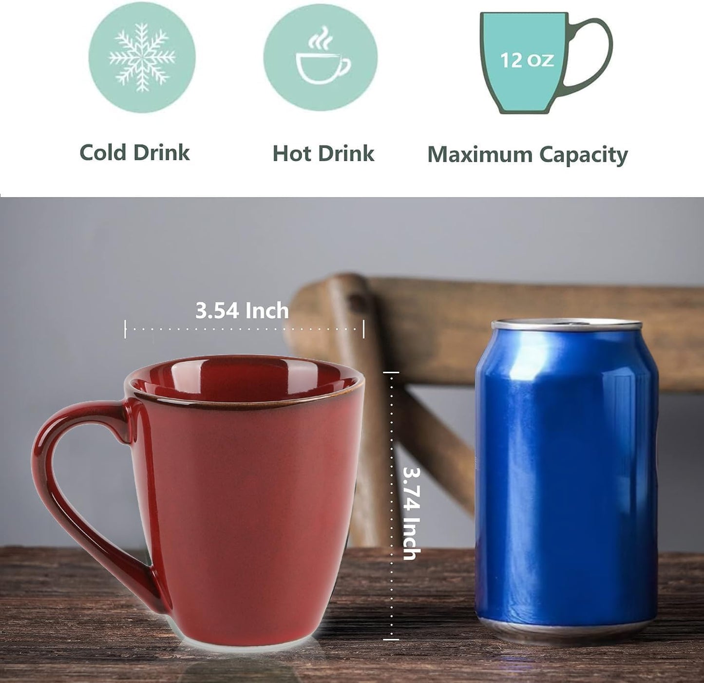 vicrays Coffee Mug Set, 12 Ounce, Set of 6, Ceramic Mug for Men, Women, Unique Glazed Mugs with Handle for Coffee, Tea, Milk, Cocoa, Cereal(Cherry Red)