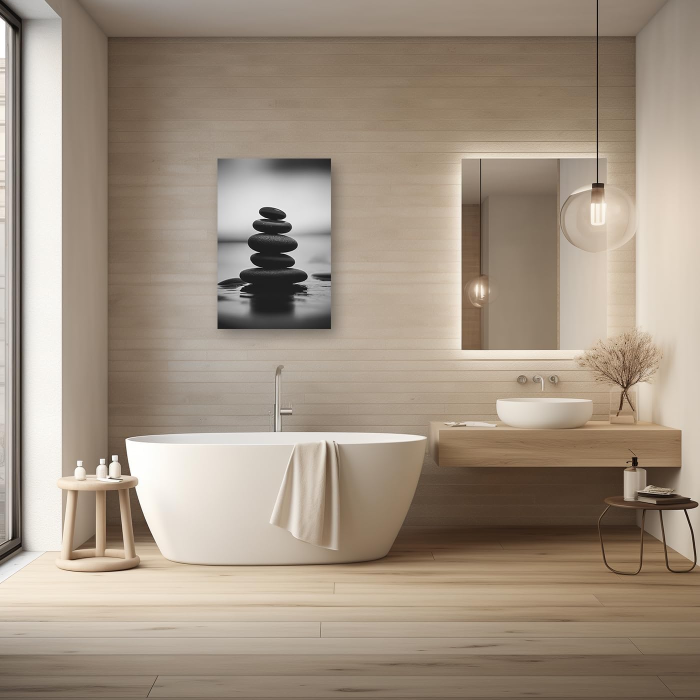 DOARTDO Zen Canvas Wall Art Black and White Zen Stone Picture Print Meditation Relax Spirit Spa Room Bathroom Decor Frame (16.00" x 24.00", Zen Stone - 3)