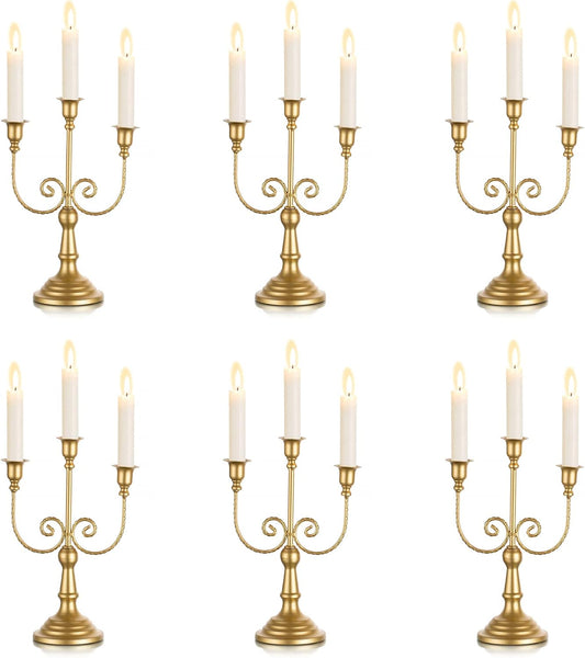 Sziqiqi Gold Taper Candle Holder for Centerpiece - 3-arm Candlesticks Holder for Wedding Table Centerpieces Metal Candle Stick Holders for Fireplace Mantle Set of 6