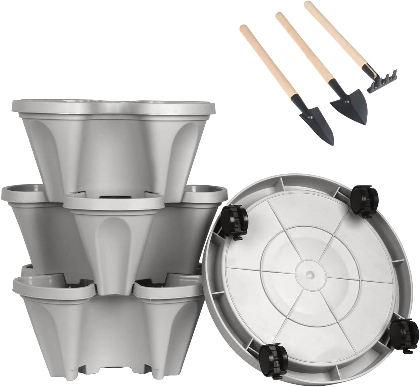 DUNCHATY Stackable Planter, Vertical Garden Planter with Wheels and Tools, Self Watering Strawberry Planter Indoor/Outdoor 3 Tier Herb Planter Pots for Growing Vegetables and Succulents,Gray