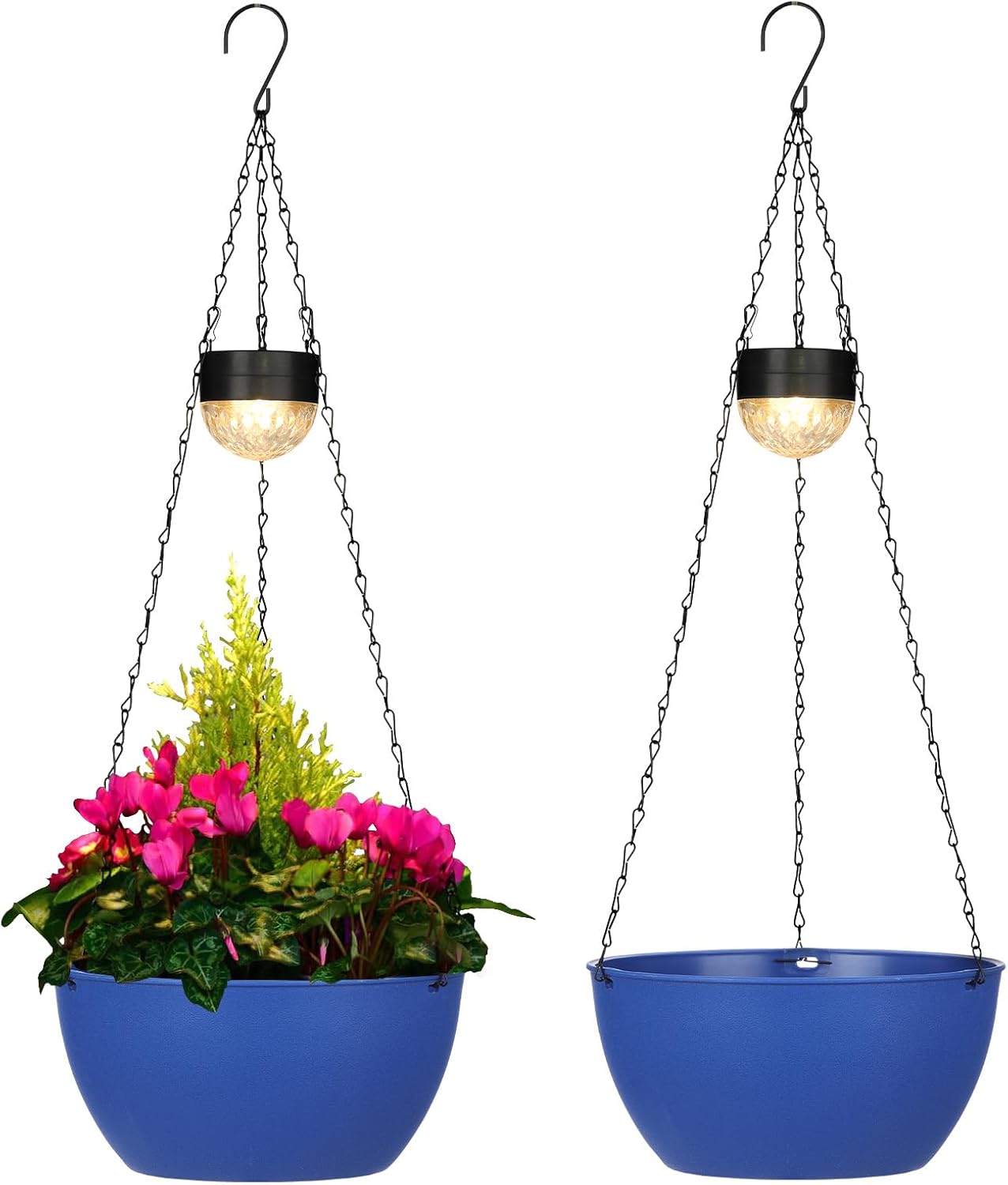 2 Packs Solar Hanging Basket Planters for Plants Outdoor, Self Watering Blue Flower Plants Pots with Solar Light Drainer for Balcony Patio Garden Outdoor Decoration