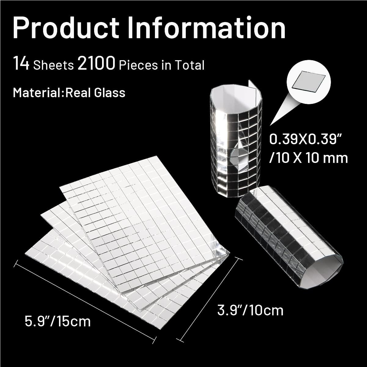 PP OPOUNT 2100 PCS Disco Ball Tiles, 10 x 10 mm Self-Adhesive Mirror Mosaic Tiles for DIY Disco Balls, Mini Glass Tiles for Art Collage, Indoor Outdoor Craft Decoration(Silver)