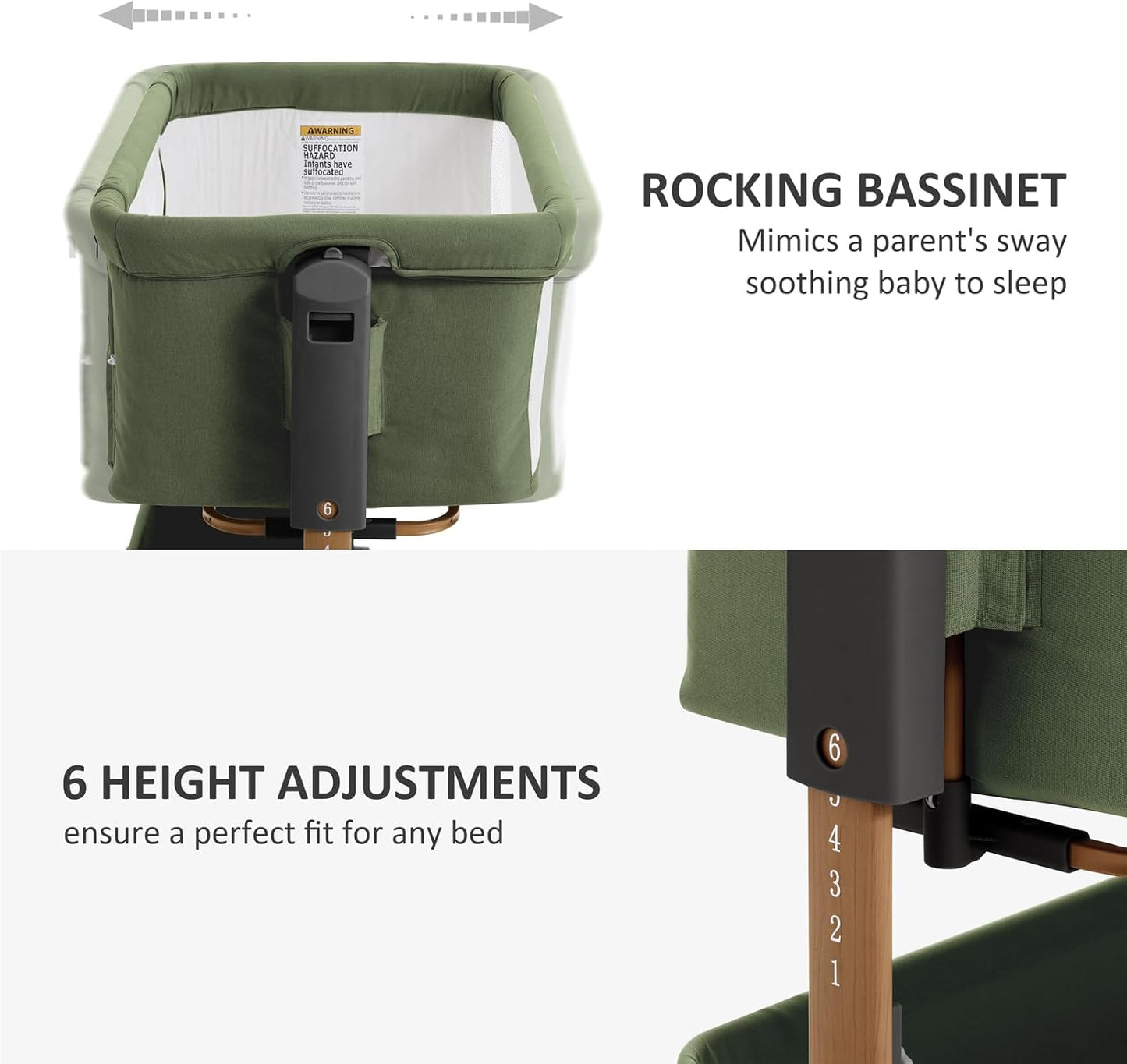 3 in 1 Baby Bassinet, Rocking Bassinet, Bedside Bassinet, 6-Height Adjustable, Bassinet Bedside Sleeper, Bedside Bassient for Baby with Comfy Mattress, Breathable Mesh, Large Storage Basket