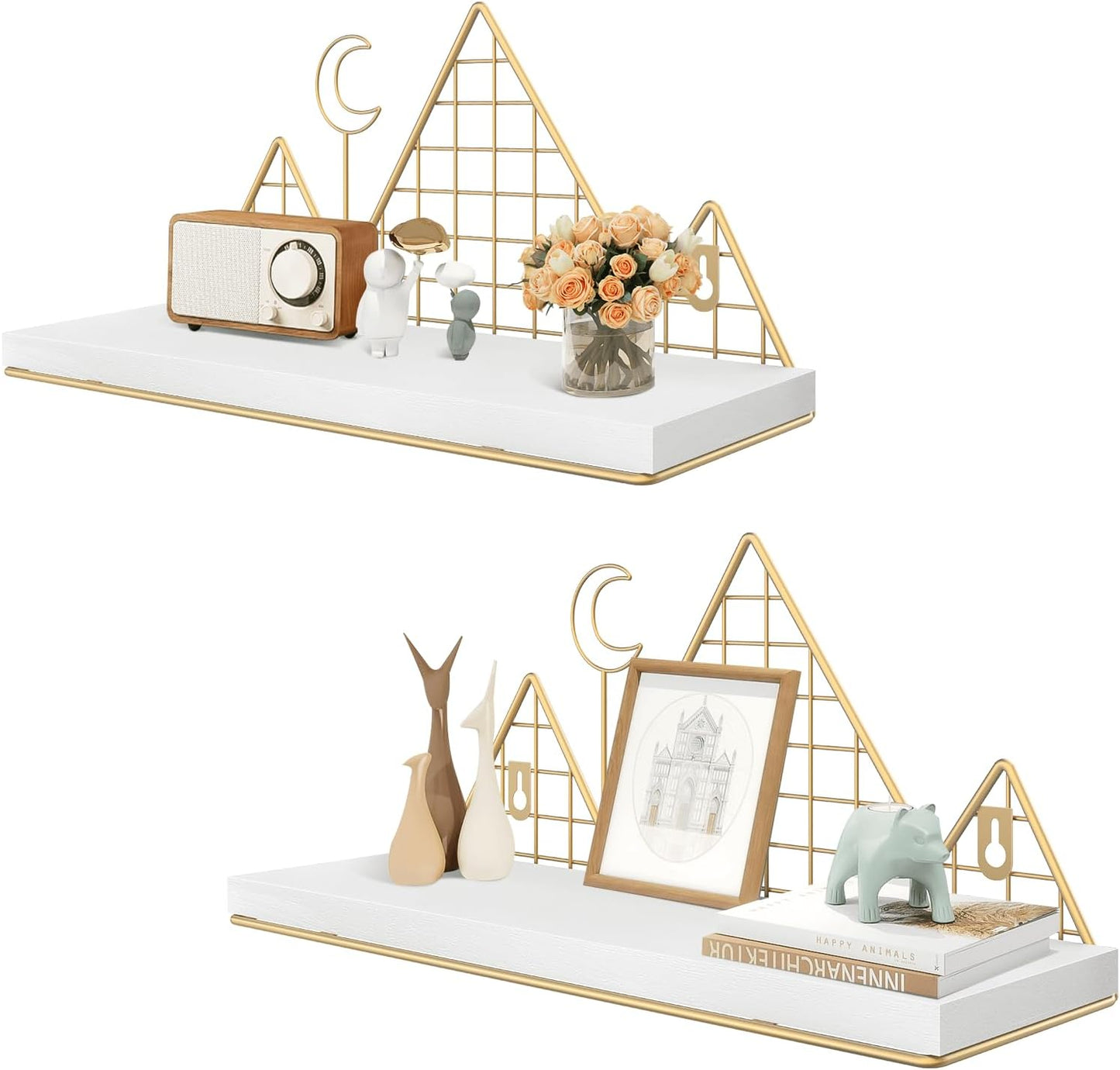 Homode Floating Shelves, Set of 2 Mountain Shelves Wall Decor, Metal and Wood Hanging Shelves Woodland Bookshelf for Nursery, Kids Room, Bathroom, Bedroom, White and Gold