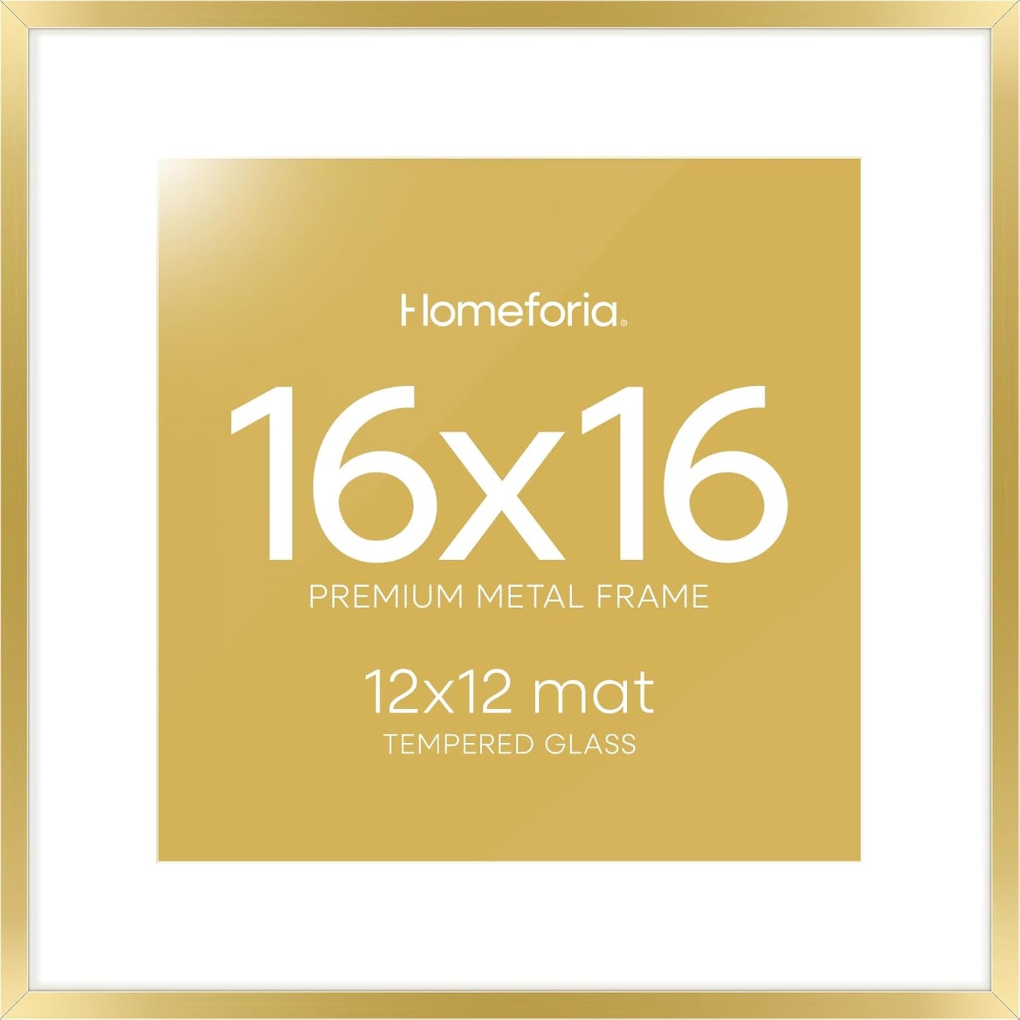 Homeforia 16x16 Picture Frame Gold, High End Metal 16 x 16 Square Poster Frame with Mat 12 x 12 Photo, 16x16 Frame Matted to 12x12 Print, 16by16 Gold Hanging Frames, Tempered Glass, Wall Kit, Set of 1