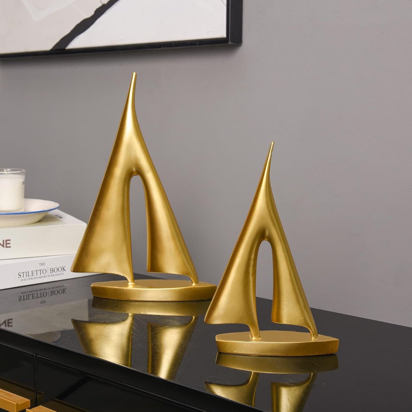 Modern Sculptures Home Decor, Gold Sailboat Decor Ornament, Boat Decorations Statue Decor, Art Sculptures and Statues, Sailboat Gifts Home Office Bathroom Shelf Decor Nautical Decor (2 Pack)