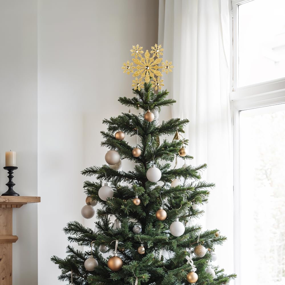 Christmas Tree Topper, hogardeck Gold Snowflake Tree Topper for Christmas Decor, Glittered Tree Toppers for Christmas Tree Decorations for Indoor Home