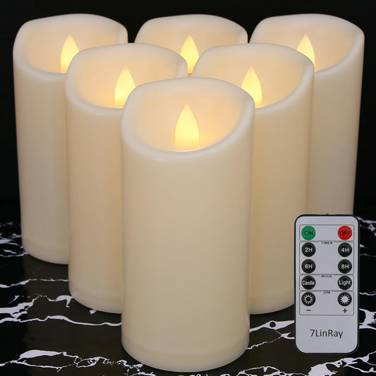 Waterproof Flameless Candles with Remote and Timers, Outdoor Indoor Flickering Battery Operated LED Pillar Candles, Ivory Plastic, Long-Lasting, Set of 6（D3 X H6）